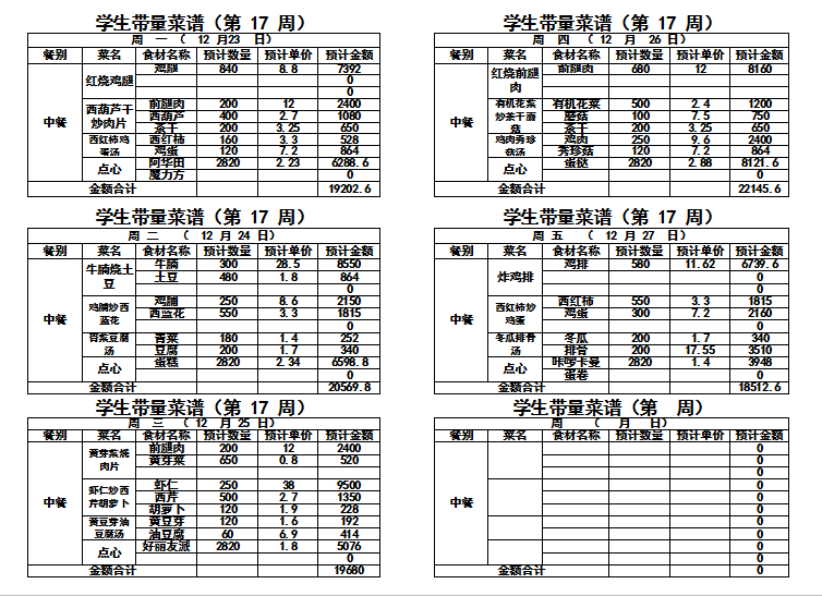 2024-2025学年度第一学期第十七周带量菜单