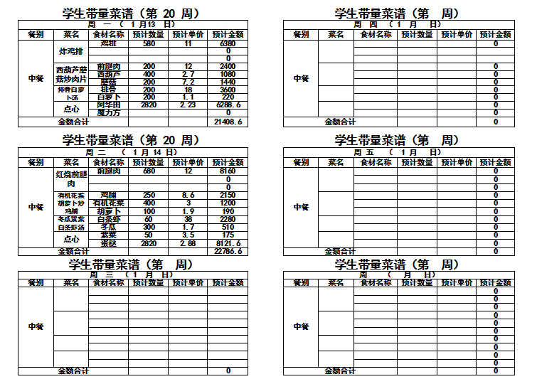 2024-2025学年度第一学期第二十周带量菜单