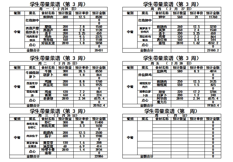 2024-2025学年度第二学期第三周带量菜单